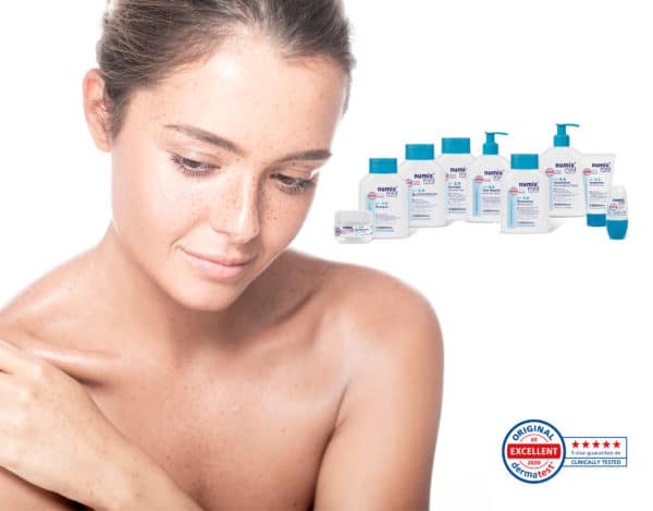Frau, numis® med pH5.5 Produkte und dermatest Siegel