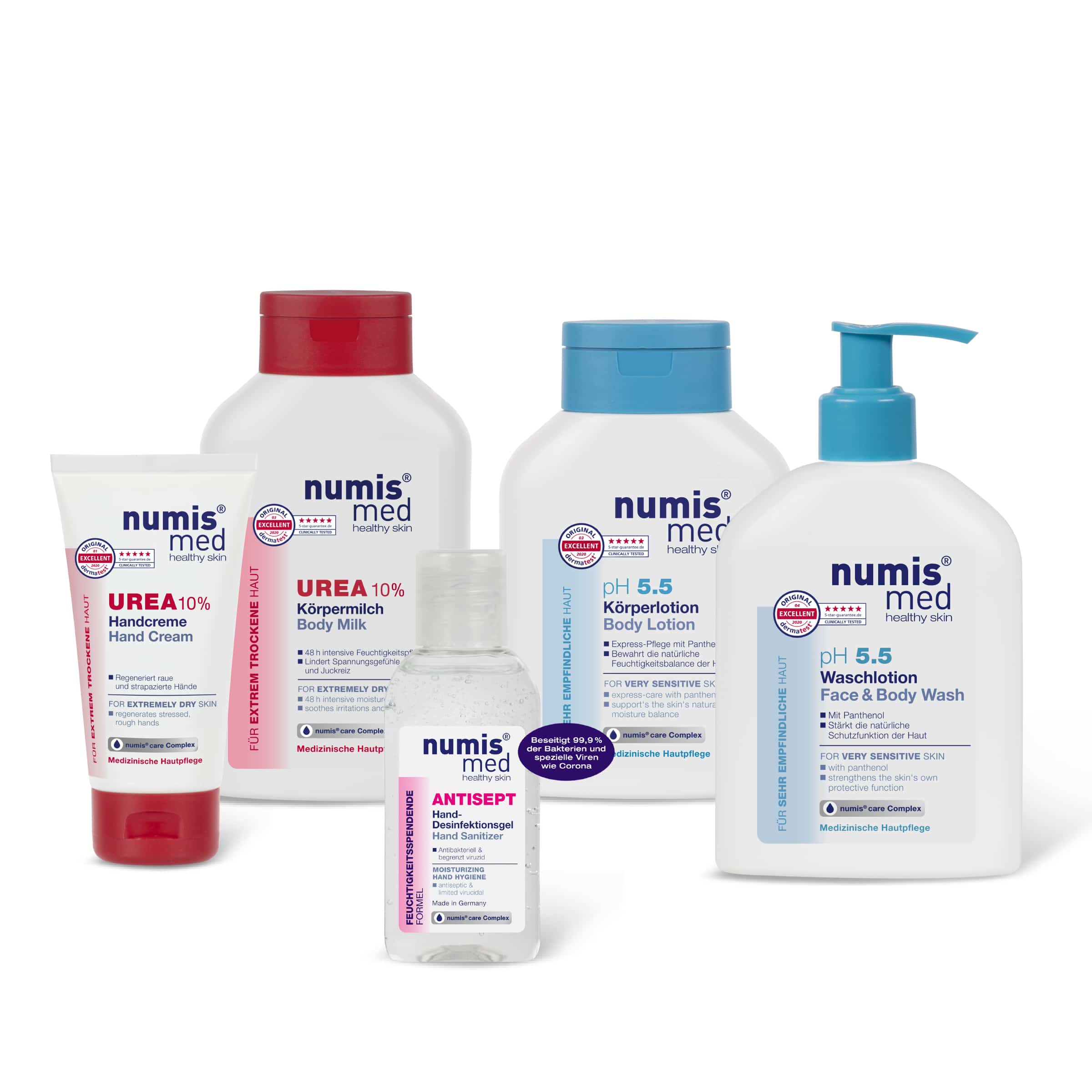UREA Bodymilk, UREA Handcreme pH 5.5 Waschlotio und pH5.5 Bodylotion, ANTISEPT Handgel
